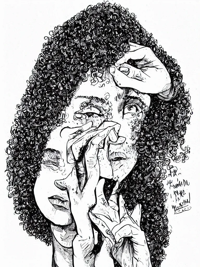 Image similar to face portrait of a teenager with a big nose and curly black hair, hand drawn illustration, ink and marker, by andrea pazienza