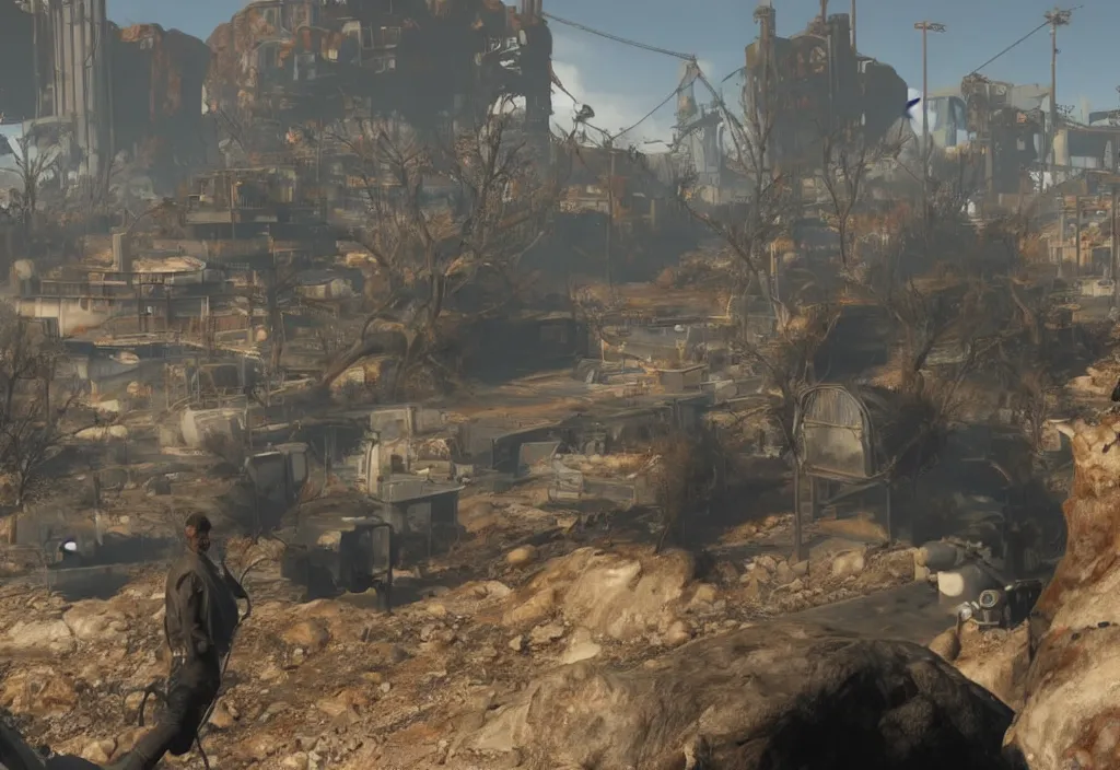 Image similar to a screenshot of elon musk in the video game in fallout 4, apocalyptic wastland, close up, 3 d rendering. unreal engine. amazing likeness. very detailed.