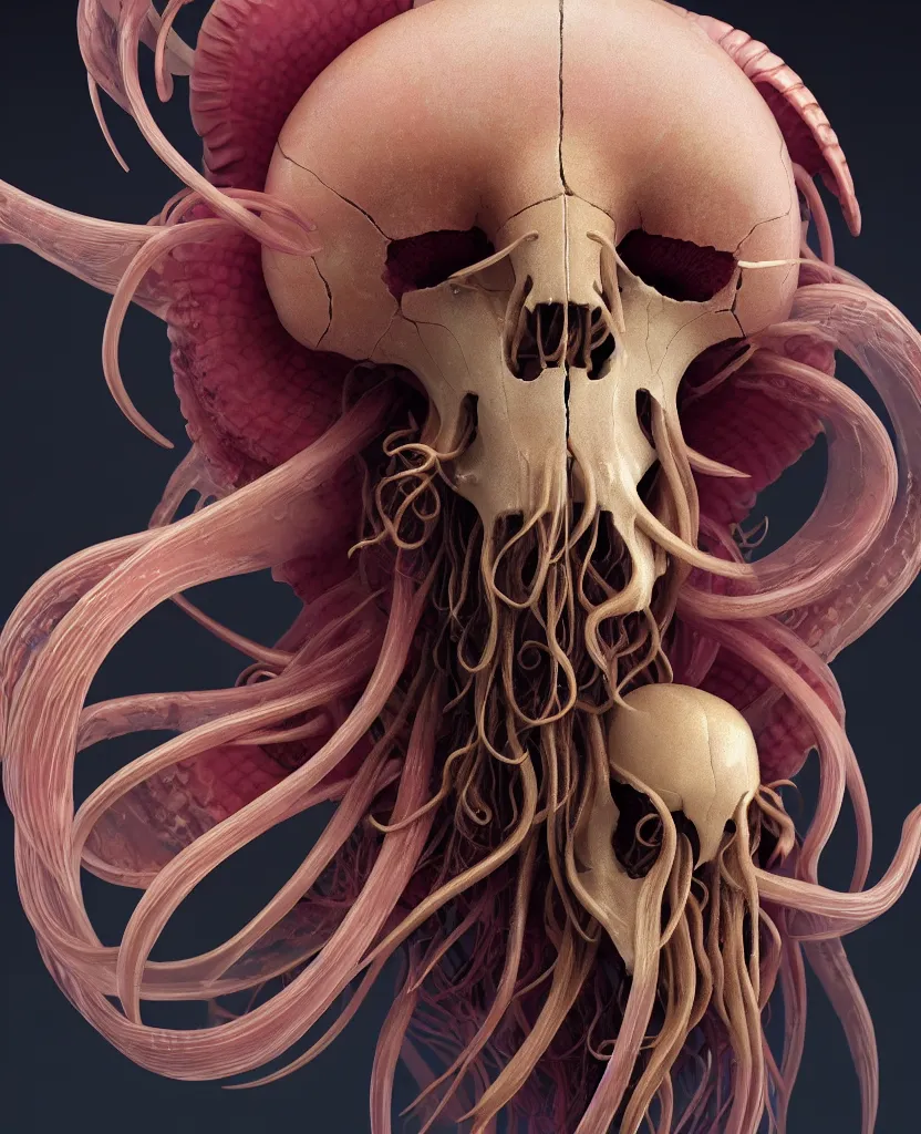 Image similar to goddess close-up portrait ram skull. jellyfish phoenix head, nautilus, orchid, ram skull, betta fish, bioluminiscent creatures, intricate artwork by Tooth Wu and wlop and beeple. octane render, trending on artstation, greg rutkowski very coherent symmetrical artwork. cinematic, hyper realism, high detail, octane render, 8k