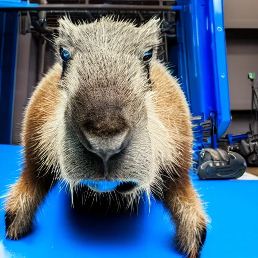 Prompt: blue metallic robot capybara, robot photography