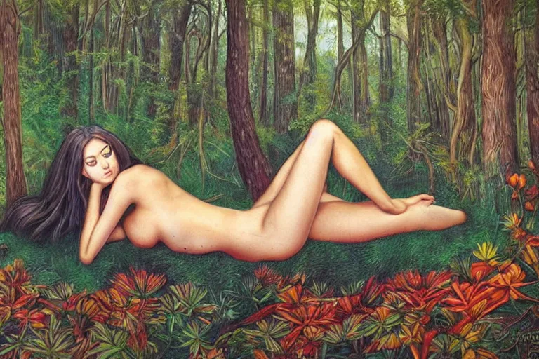 Image similar to a beautiful girl relaxing in the forest by amanda sage, portrait,