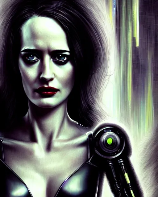 Prompt: eva green, robot, character portrait, portrait, close up, concept art, intricate details, highly detailed, sci - fi poster, cyberpunk