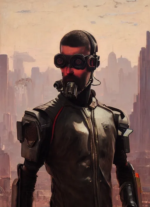 Image similar to john brown wearing power armor ( cyberpunk 2 0 7 7 ), orientalist portrait by john william waterhouse and james gurney and theodore ralli and nasreddine dinet, oil on canvas. cinematic, hyper realism, realistic proportions, dramatic lighting, high detail 4 k