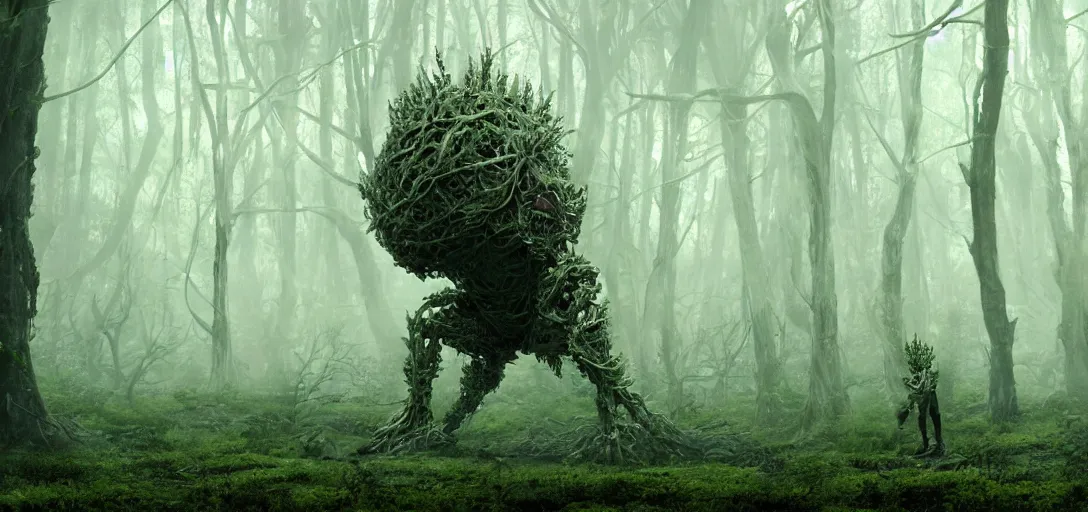 Image similar to a complex organic fractal 3 d metallic symbiotic ceramic humanoid megastructure creature in a swampy lush forest, foggy, cinematic shot, photo still from movie by denis villeneuve, wayne barlowe