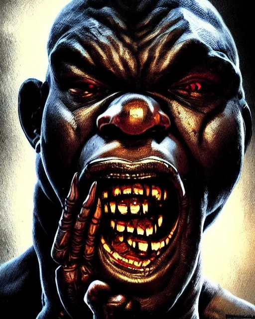 Image similar to doomfist from overwatch, evil sinister, angry nigerian man, rage, character portrait, portrait, close up, concept art, intricate details, highly detailed, horror poster, horror, vintage horror art, realistic, terrifying, in the style of michael whelan, beksinski, and gustave dore