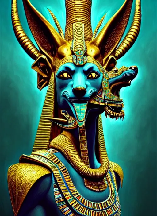 Prompt: enraged god anubis, snarling jackal with egyptian pharaoh headdress, ornate art nouveau botanicals, cyan and gold palette, fantasy, intricate, elegant, highly detailed, colorful, vivid color, digital painting, artstation, concept art, art by artgerm and greg rutkowski and ruan jia,