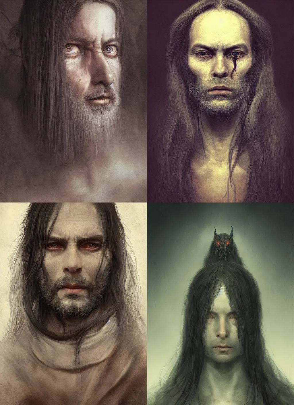 Prompt: portrait of a gentle and wise demon with long hairs in alan lee and marc simonetti and emil melmoth style , cinematic lighting
