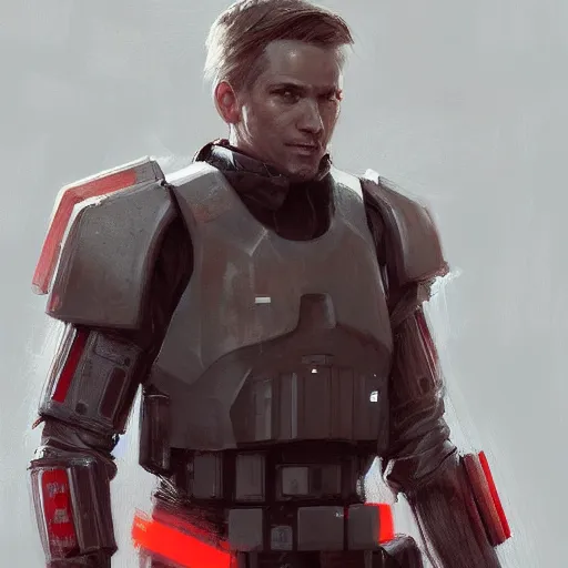 Image similar to portrait of a man by greg rutkowski, a soldier of the galactic triunvirate wearing a red and white tactical gear, star wars expanded universe, highly detailed portrait, digital painting, artstation, concept art, smooth, sharp foccus ilustration, artstation hq