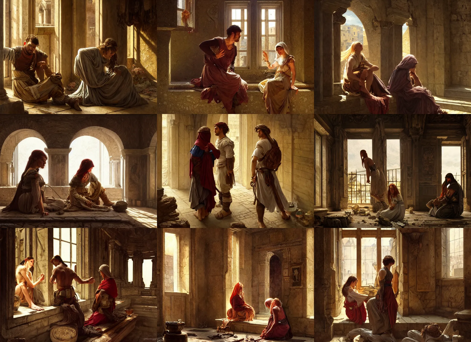 Prompt: two tramps in roman interior, emotional sad painting, very poor, medieval peasants, fantasy, cruel, dramatic lighting, intricate, wild, highly detailed, digital painting, artstation, concept art, smooth, sharp focus, illustration, art by artgerm and greg rutkowski and alphonse mucha