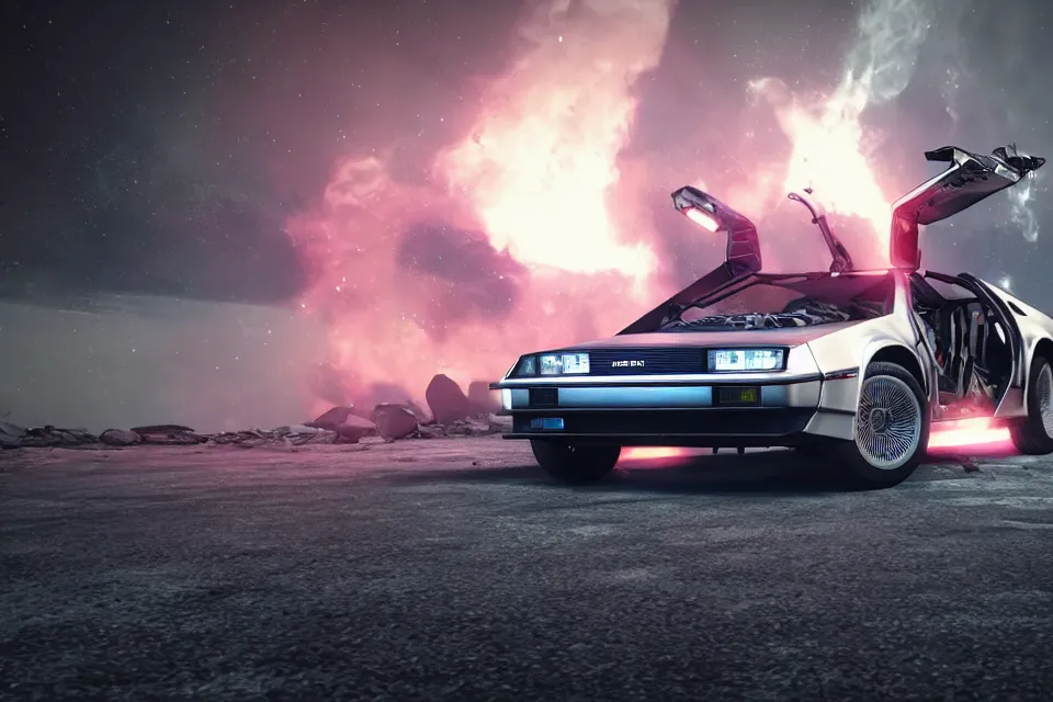 Image similar to ultra realistic delorean dmc 5 drifts on road wreckage orbiting earth in space, dark cinematic, volumetric, realistic, 3 d render, realistic render, cinematic lighting, volumetric lighting, atmospheric, cinematic, unreal engine 5, unreal engine render, octane render, hd, photorealism, hyper realistic, 8 k