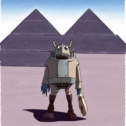 Image similar to a study of cell shaded cartoon of a mechanized grey jackel from howl's moving castle ( 2 0 0 4 ), in front of pyramids on a desert road, full body, wide shot, very muted colors, post grunge, studio ghibli, laurie greasley, highly detailed, deviantart, art by artgem