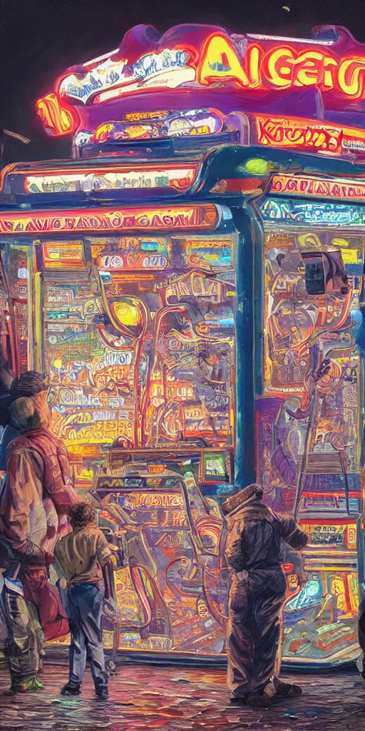 Prompt: oil painting scene from amusement arcade at night neon by kim jung gi