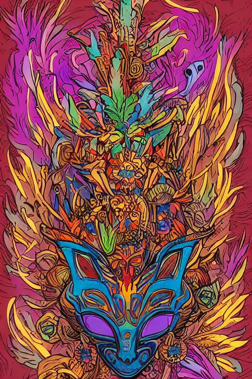 Image similar to animal mask totem roots flower tribal feather gemstone plant wood rock shaman vodoo video game vector cutout illustration vivid multicolor borderlands comics by josan gonzales and dan mumford radiating a glowing aura