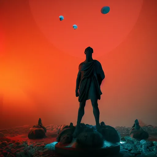 Prompt: beautiful dark landscape, old roman statue in front of a glowing red orb in front of a pile of skulls, in the style of beeple and Mike Winkelmann, intricate, epic lighting, cinematic composition, hyper realistic, 8k resolution,