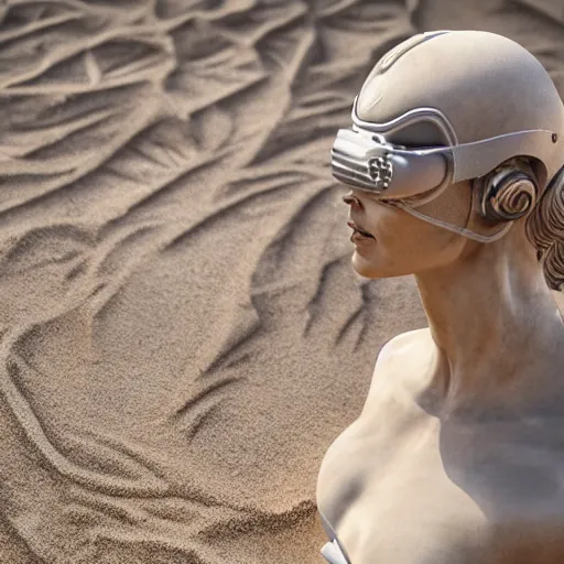 Image similar to the head of a marble cybernetic lady justice statue wearing a virtual reality headset on ground covered in sand, cyberpunk background, highly detailed, epic lighting, hyper photorealism, 8 k