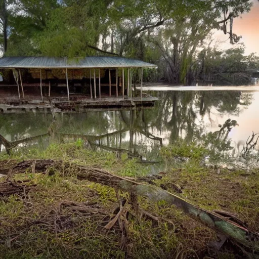 Prompt: nighttime fell on bayou fouchard like a gator on a sleeping nutria. old joe boudreaux was just about to pull up his trap, him, when he saw a pale light winking in the abandoned shell of thibodeaux house