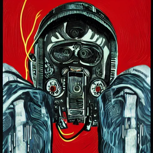 Image similar to Illustrated by Shepard Fairey and H.R. Giger | ((Cyberpunk Van Gogh with VR helmet, surrounded by cables))