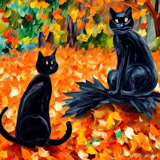 Image similar to black cat with arched back standing on halloween pumpkins in a pile of autumn leaves detailed painting in the style of leonid afremov 4 k