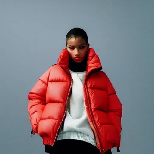 Prompt: realistic photoshooting for a new balenciaga lookbook color film photography close up portrait of a beautiful woman model, model wears a puffer jacket, photo in style of tyler mitchell, wes anderson, ssense