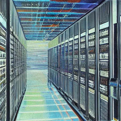 Prompt: a painting by Wayne Thiebaud inside of a high end data center that's on fire!!!!!!! by Wayne Thiebaud