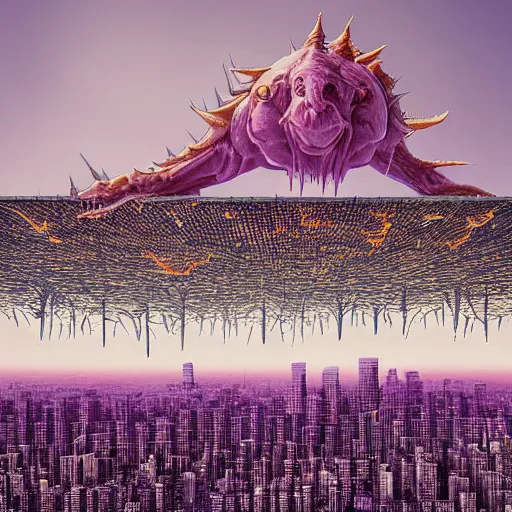 Image similar to by nathan wirth, by john berkey manmade cool violet, cow print. a beautiful installation art of a large, orange monster looming over a cityscape. the monster has several eyes & mouths, & its body is covered in spikes. it seems to be coming towards the viewer, who is looking up at it in fear.