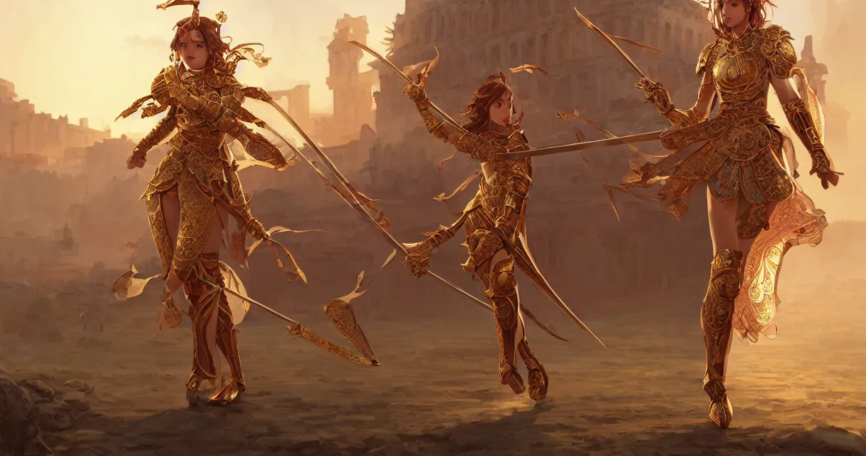 Prompt: knights of zodiac girl, golden and copper armor, sword and katana dancing, in ruined agora of athens sunrise, ssci - fi and fantasy, intricate and very very beautiful and elegant, highly detailed, digital painting, artstation, concept art, smooth and sharp focus, illustration, art by tian zi and wlop and alphonse mucha