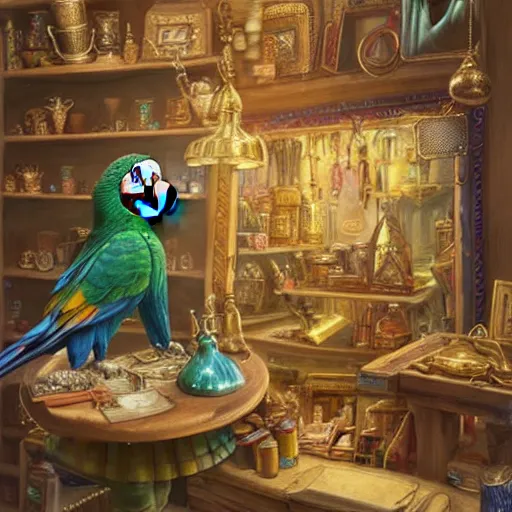 Image similar to Anthropomorphized parrot trader in his shop, selling his wares, portrait, items, gold, carpet, window, sly l, cunning expression, presenting wares, holding a gold bag, D&D, fantasy, cinematic lighting, highly detailed, digital painting, artstation, concept art, smooth, sharp focus, illustration, warm light, cozy warm tint, magic the gathering artwork, volumetric lighting, 8k, art by Akihiko Yoshida, Greg Rutkowski