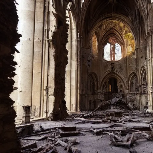 Image similar to a ruined cathedral with skeletal remains on the floor, sunlight shining through holes on the ruin walls, dark red orbs float inside the ruined cathedral, realistic lighting