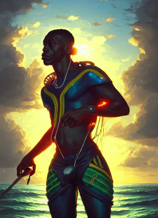 Prompt: portrait of a jamaican fisherman sci - fi glowing fishing armor muscular cyberpunk intricate elegant highly detailed digital painting artstation concept art, ocean fish jamaican flag colors background, greg rutkowski, loish, rhads, ferdinand knab, makoto shinkai and lois van baarle, ilya kuvshinov, rossdraws, tom bagshaw