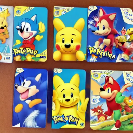 Image similar to photograph of winnie the pooh and super mario and sonic the hedgehog anime style, on pokemon card packs at target