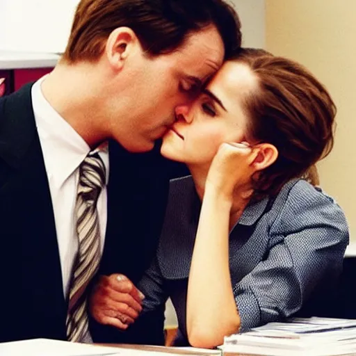 Prompt: “Emma Watson in the office, kissing Jim”