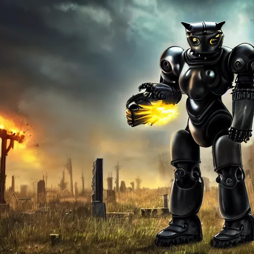 Image similar to photorealistic anthropomorphic cat, wearing black huge cyber robot exoskeleton big power armor without helmet, holding huge laser gatling gun, post apocalyptic cinematic photorealistic background, still, standing on graveyard