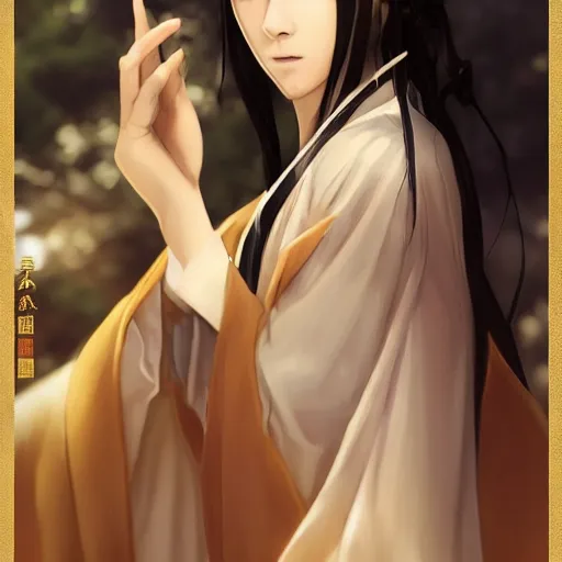 Image similar to a portrait of a young beautiful prince, golden eyes, long black hair, white hanfu, elegant, cute, intricate, backlit, incredible lighting, strong rim light, subsurface scattering, photorealistic anime, epic beautiful landscape, cherry trees, highly detailed, digital painting, by Heise Jinyao, Heise-Lian Yan Fang, Feimo, Rossdraws, Sakimichan HDRI, vivid colors, high contrast, 8k