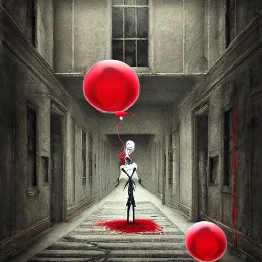 Prompt: grunge painting of insane asylum with a wide smile and a red balloon by chris leib, loony toons style, pennywise style, corpse bride style, horror theme, detailed, elegant, intricate, conceptual, volumetric light