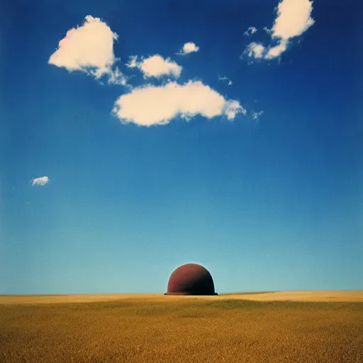 Prompt: a photo of a massive non-euclidian dome in a field of dead grass, wide angle, in the distance, far away, vintage color photo, Aubrey Powell, film grain, beautiful cinematography, blue sky, surreal, James Turrell