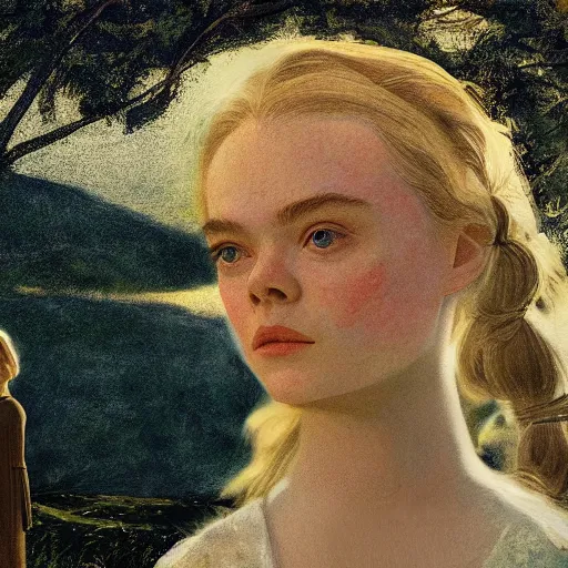 Prompt: Elle Fanning in the painted world of Midsommar, head and shoulders masterpiece, apocalypse, golden hour, cosmic horror, artstation, in the style of Andrew Wyeth and Edward Hopper and Bosch, extremely detailed
