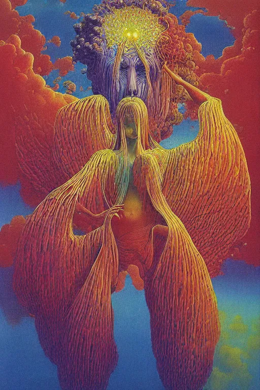 Prompt: ghibli world angels colourful shiny beautiful harmony painting by zdzisław beksinski