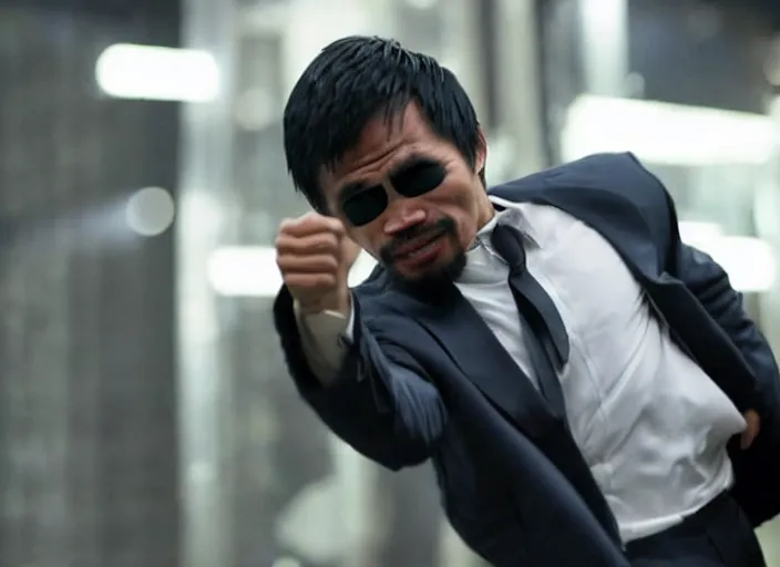 Prompt: film still of manny pacquiao, wearing a suit, dodging a bullet in slow - motion, in the new matrix movie, 8 k, highly detailed face, dark glasses