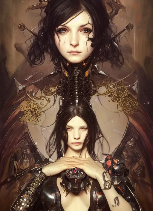 Prompt: portrait of cute little gothic girl, warhammer 40000, cyberpunk, intricate, elegant, highly detailed, digital painting, artstation, concept art, smooth, sharp focus, illustration, art by artgerm and greg rutkowski and alphonse mucha and Gustav Klimt