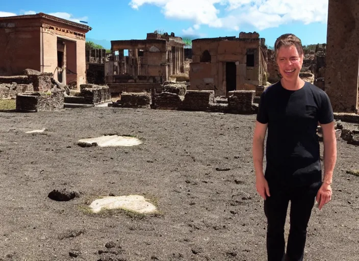 Image similar to a screencap of Tom Scott standing in Pompeii during the eruption