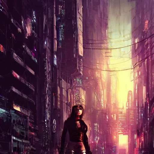 Image similar to molly millions, portrait of a young beautiful cyberpunk woman, mirror eye implants, black hair in a rough shag, street samurai, sunset, neuromancer, cyberpunk city background, megacity, gorgeous view, depth, painted by seb mckinnon, high detail, digital art, painted by greg rutkowski, trending on artstation