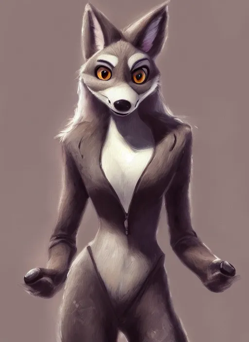 Image similar to oil painting detailed full body of anthromorphic female wolf, in style of zootopia, zootopia, zootopia, fursona, furry, furaffinity, 4 k, deviantart, furry art, fursona art, wearing black business suit, business suit, in style of zootopia, wolf fursona, cyberpunk, female, expressive, detailed feminine face,