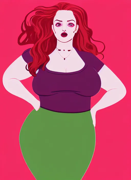 Image similar to full body portrait of teenage cheryl blossom, obese, bangs, green eyes, sultry, realistic, red hair, sultry smirk, wavy hair, pink skirt, obese, intricate, elegant, glowing lights, highly detailed, digital painting, artstation, concept art, smooth, sharp focus, illustration, art by wlop, mars ravelo and greg rutkowski