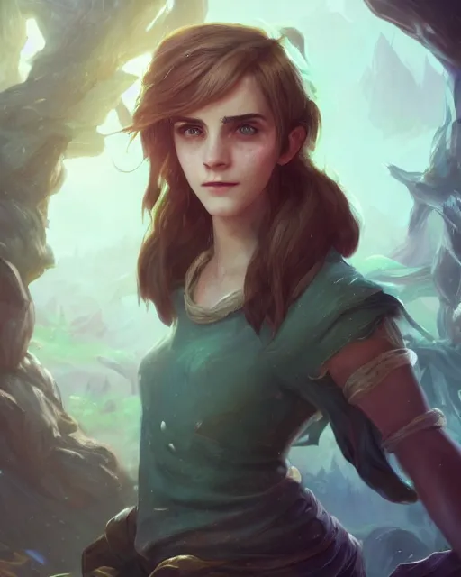 Image similar to league of legends portrait of emma watson, au naturel, hyper detailed, digital art, trending in artstation, cinematic lighting, studio quality, smooth render, unreal engine 5 rendered, octane rendered, art style by klimt and nixeu and ian sprigger and wlop and krenz cushart.