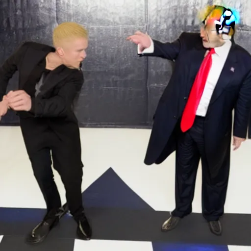 Image similar to photograph of donald trump facing eminem on a rap battle