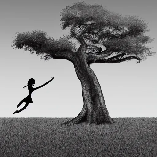 Prompt: minimal illustration of a girl dancing near an old strong tall green persian cypress tree in wind