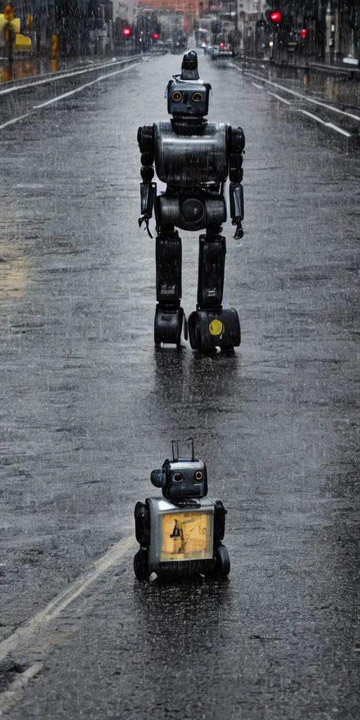 Image similar to robot on the road, city, photo, rain,