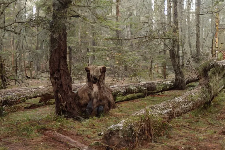 Image similar to a movie still of a bear in a forest by walerian borowczyk, immoral tales, grain, technicolor, high definition, remastered, wide angle, 7 0 mm, wide shot, cinematic