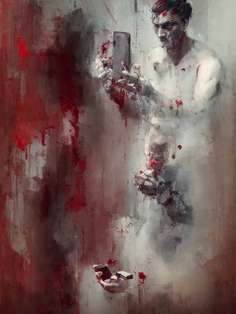 Image similar to a beautiful glitched oil painting by alpay efe and christian hook of a man looking at his phone in a bathroom, color bleeding, brushstrokes by jeremy mann, cold top lighting