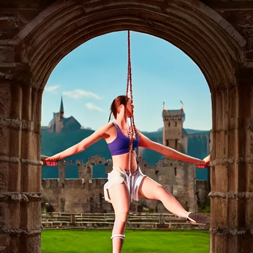 Image similar to beautiful athletic female swinging on large lyra hoop, intricate detail, in front of medieval castle, cinematic compositon, photorealistic